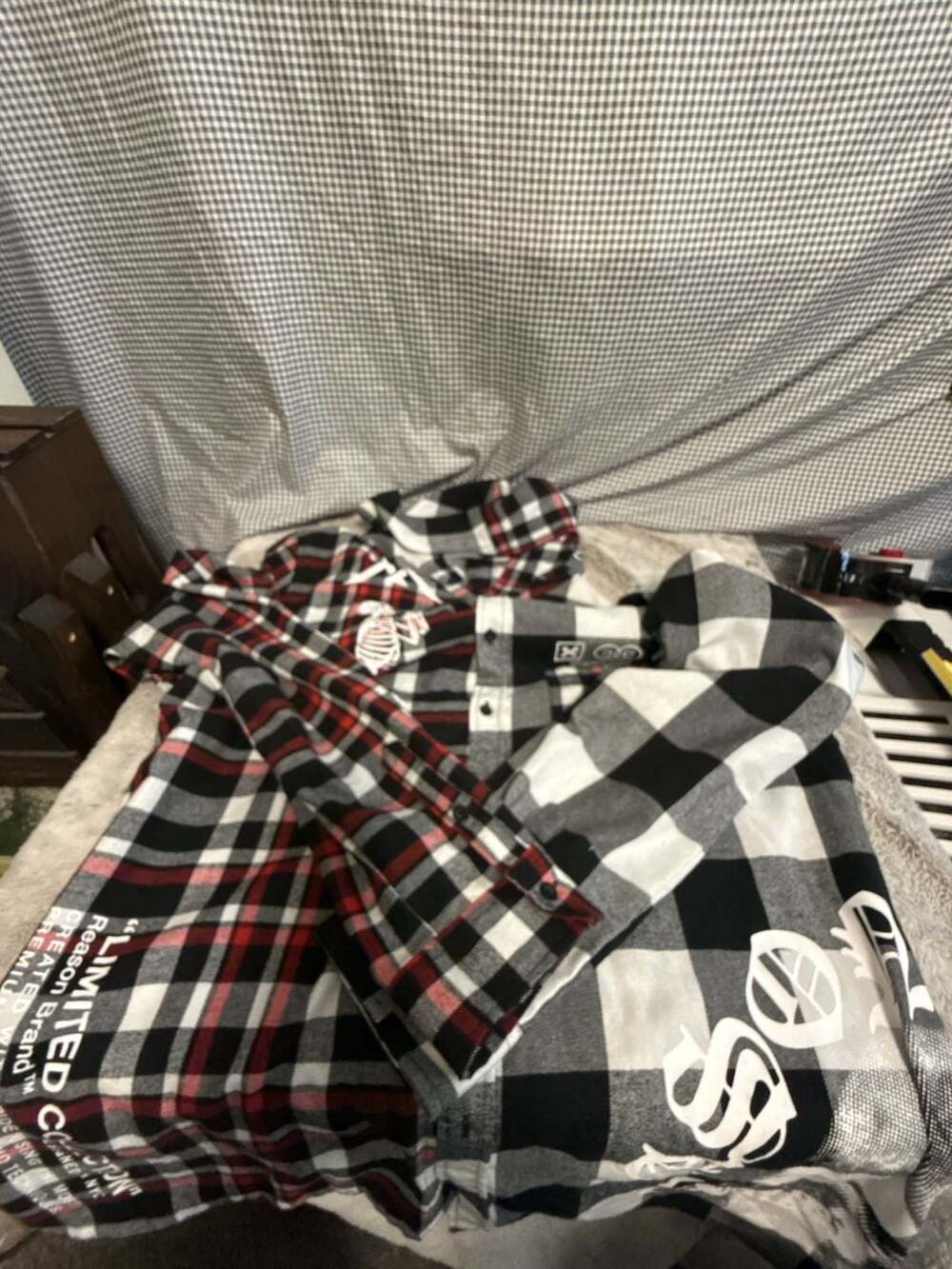 Reason Limited Collection Plaid Flannel Shirt with Skeleton Print, XXL